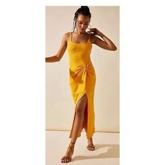 Free People Allure Ruched Slit Maxi Dress In Saffron Size Small NWOT - Picture 1 of 10
